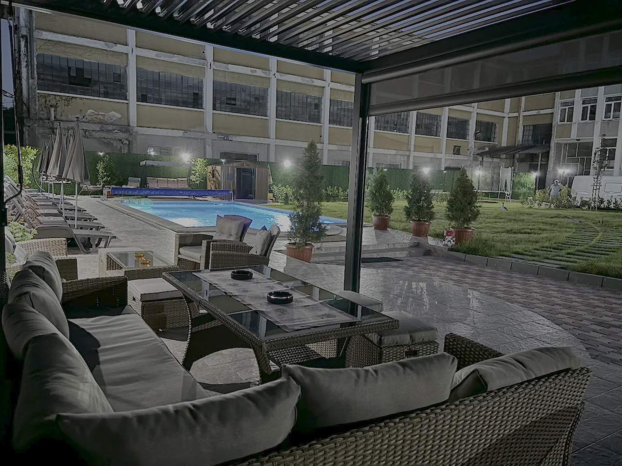 Evening by the pool and garden